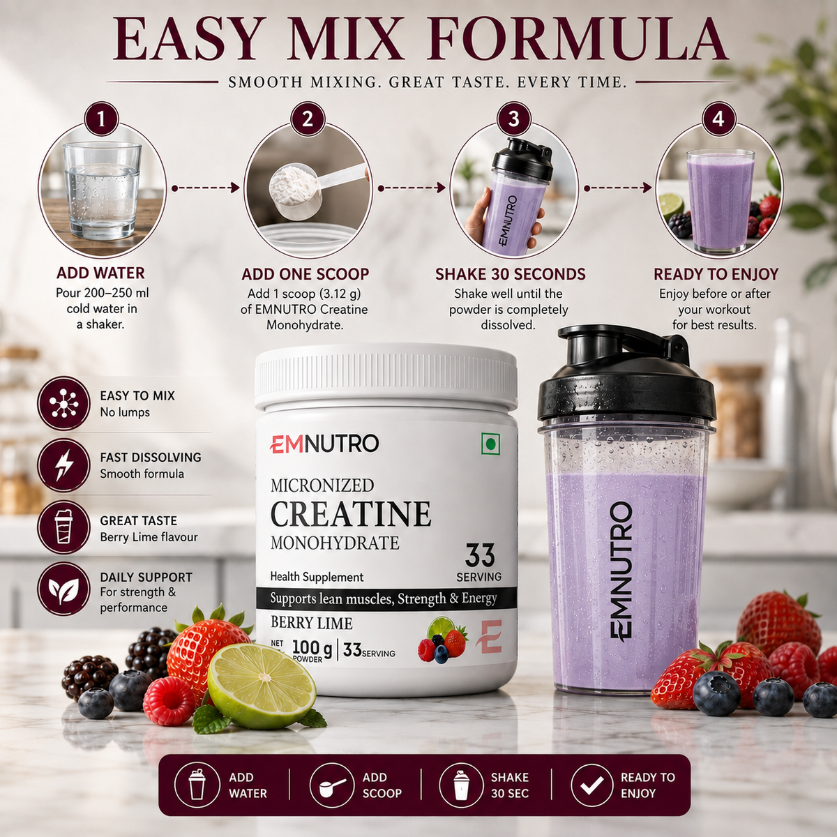 Creatine Monohydrate Micronized Powder, Berry Lime , Flavour, 100 g