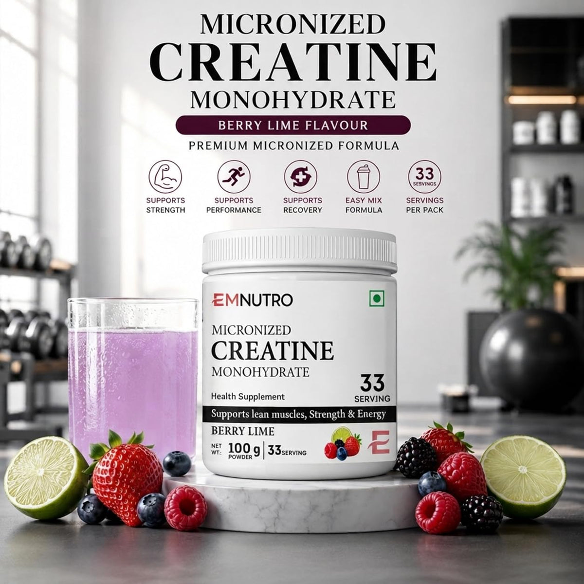 Creatine Monohydrate Micronized Powder, Berry Lime Flavour, 100 g