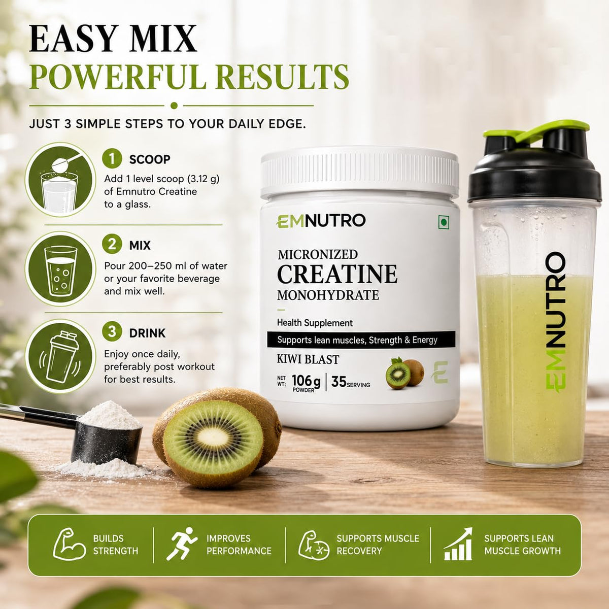 Creatine Monohydrate Micronized Powder, Kiwi Blast Flavour, 106 g