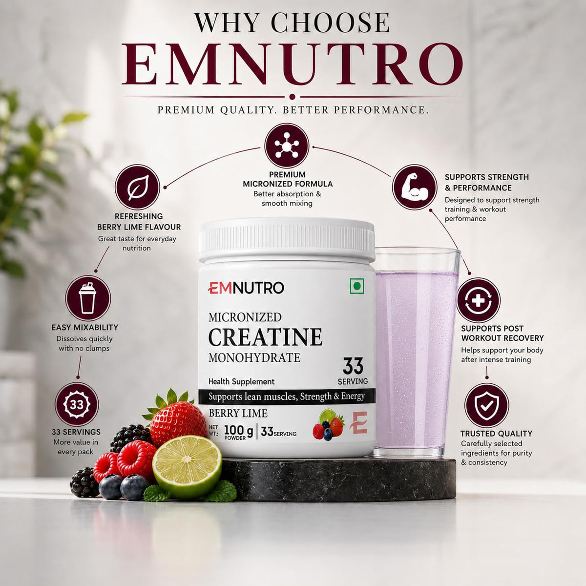 Creatine Monohydrate Micronized Powder, Berry Lime Flavour, 100 g