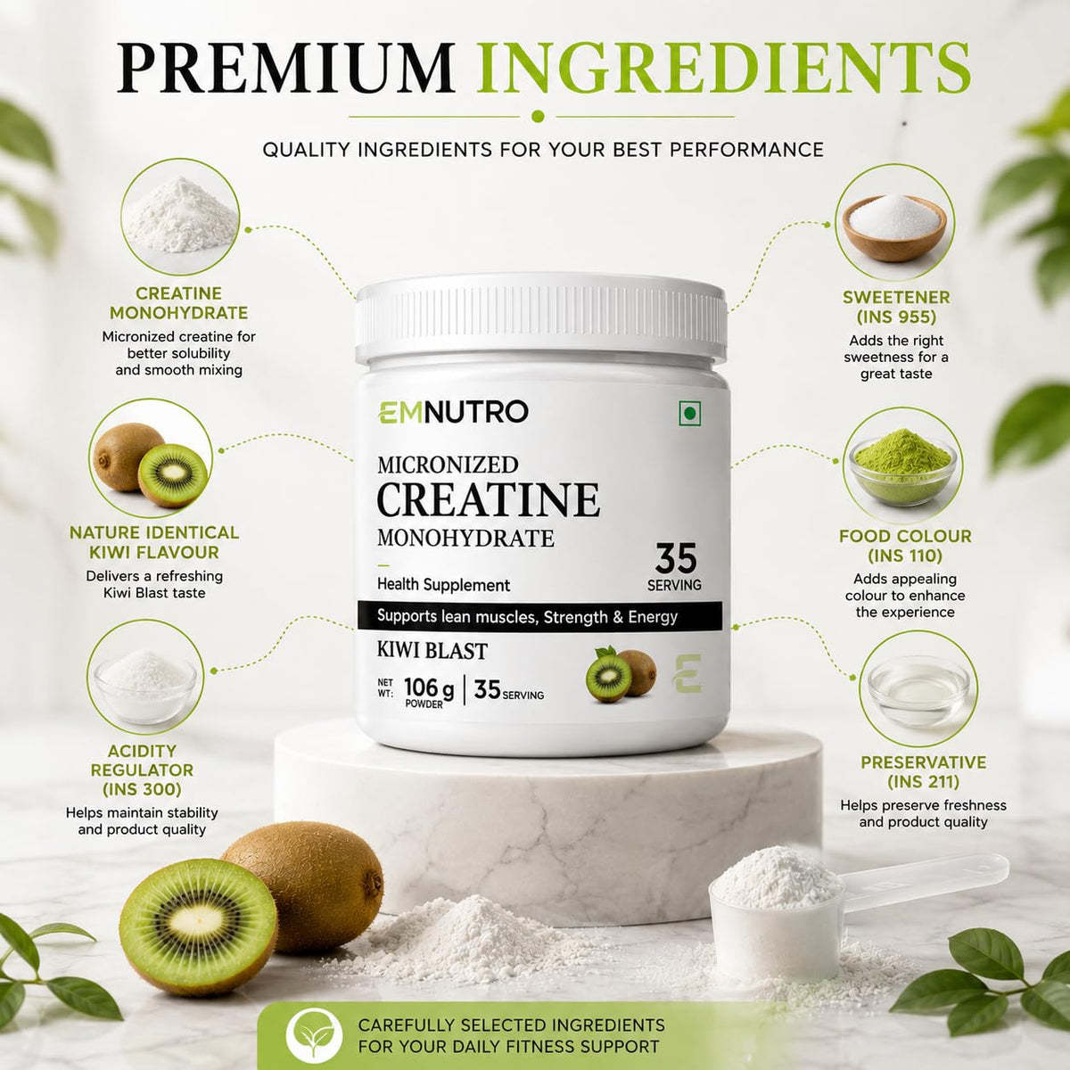 Creatine Monohydrate Micronized Powder, Kiwi Blast Flavour, 106 g