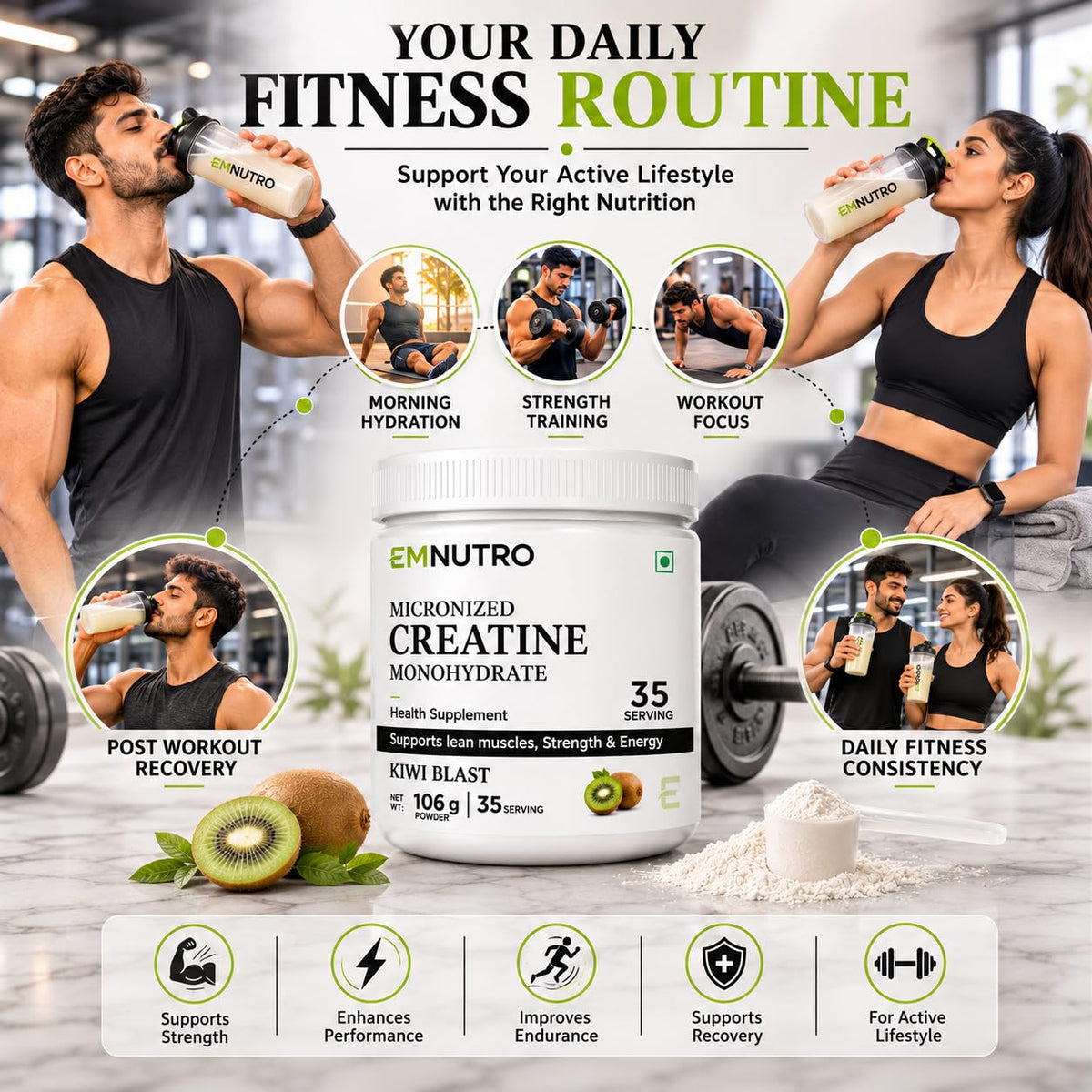 Creatine Monohydrate Micronized Powder, Kiwi Blast Flavour, 106 g