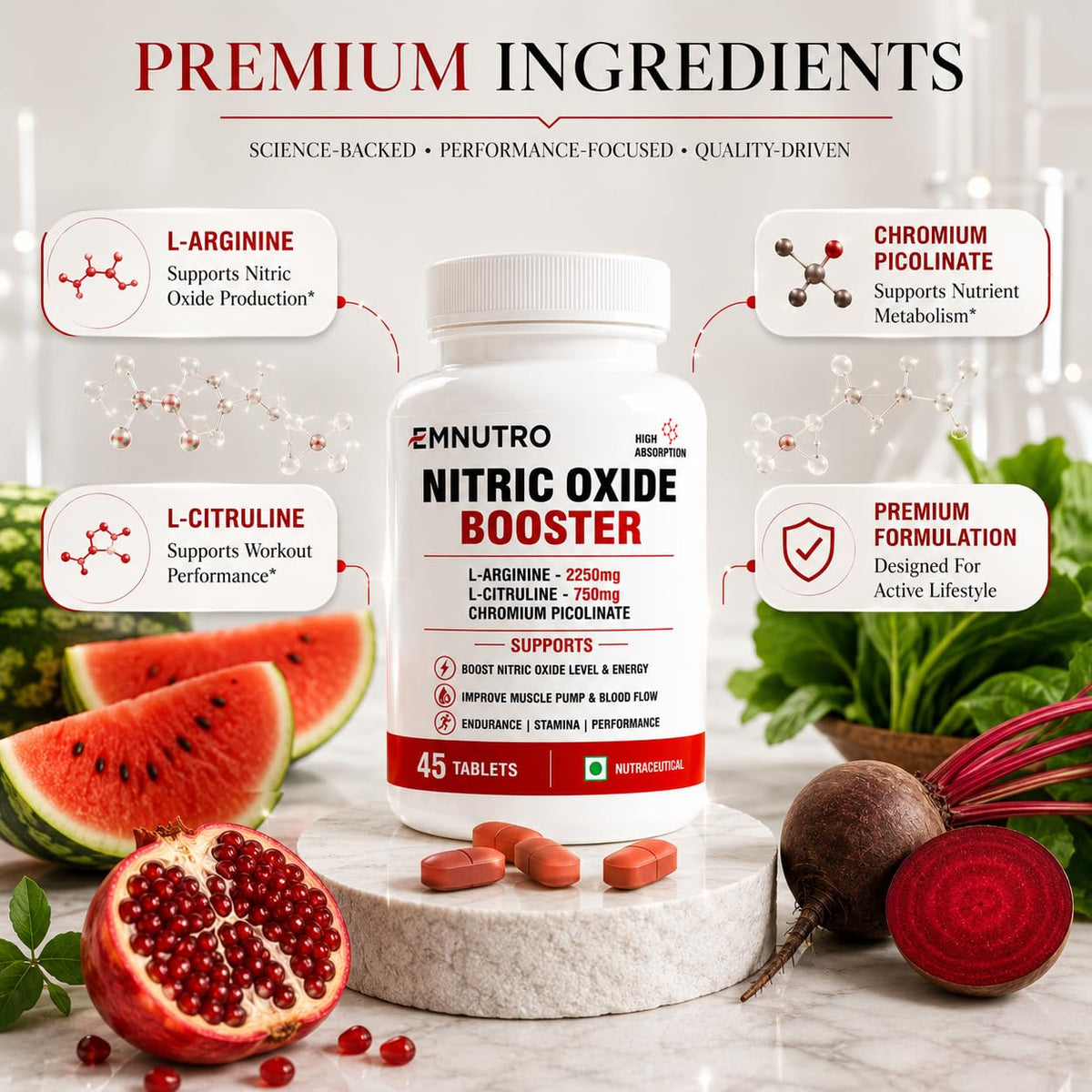 Nitric Oxide Booster Tablets with L-Arginine 2250mg, L-Citrulline 750mg & Chromium Picolinate