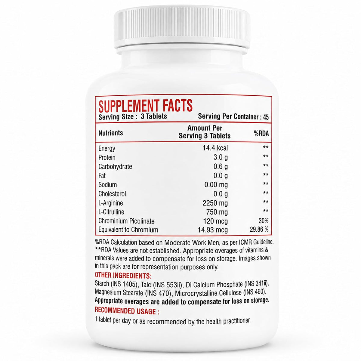 Nitric Oxide Booster Tablets with L-Arginine 2250mg, L-Citrulline 750mg & Chromium Picolinate