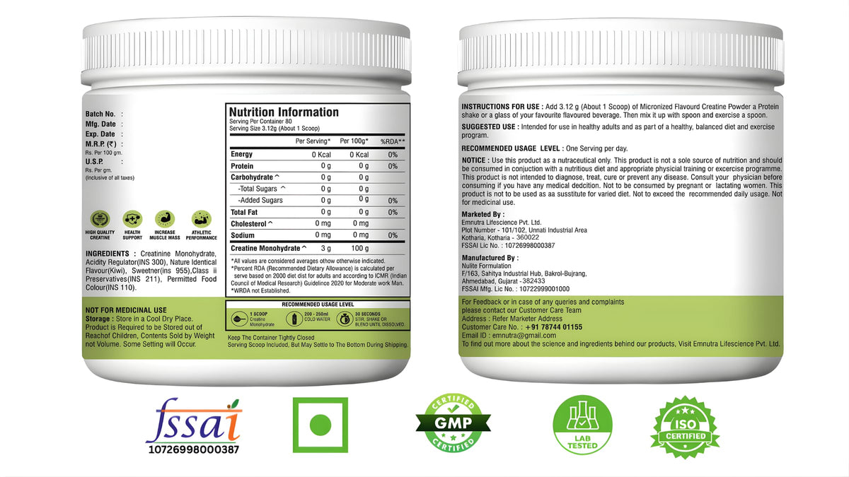 Creatine Monohydrate Micronized Powder, Kiwi Blast Flavour, 106 g