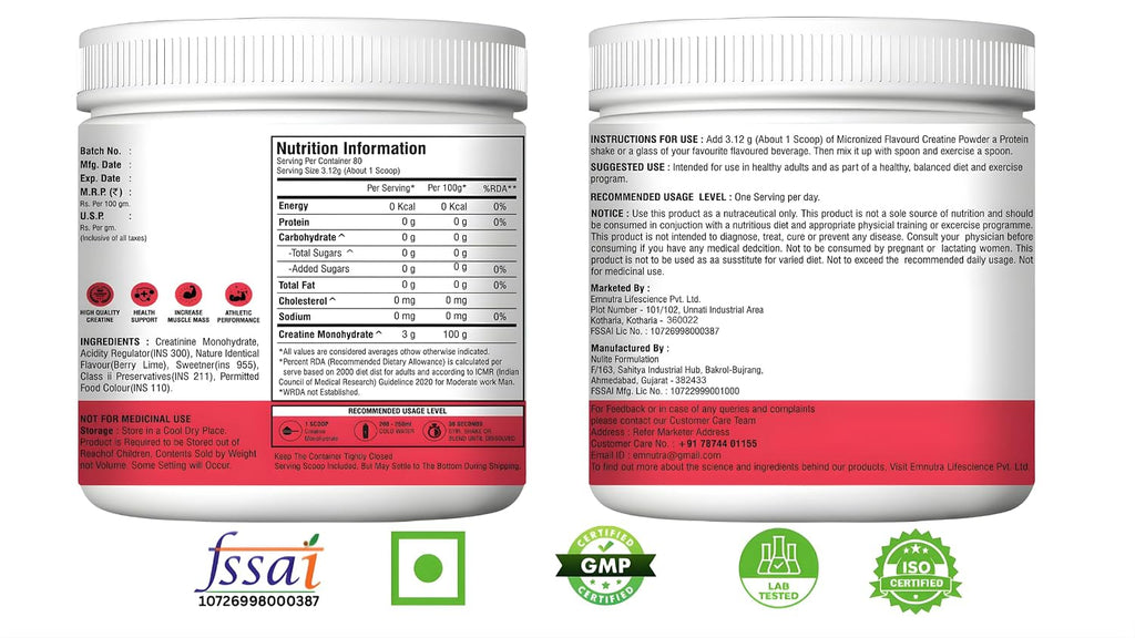 Creatine Monohydrate Micronized Powder, Berry Lime Flavour, 100 g